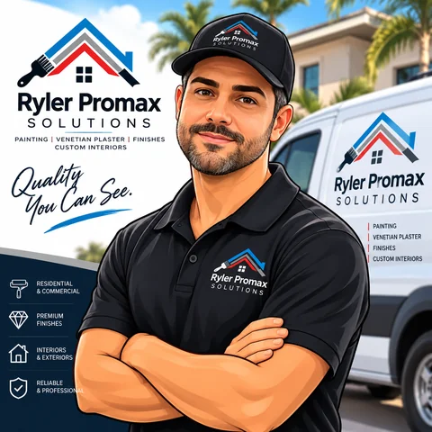 Illustration of a Ryler ProMax Solutions painter in a branded polo and cap, arms folded in front of the company van