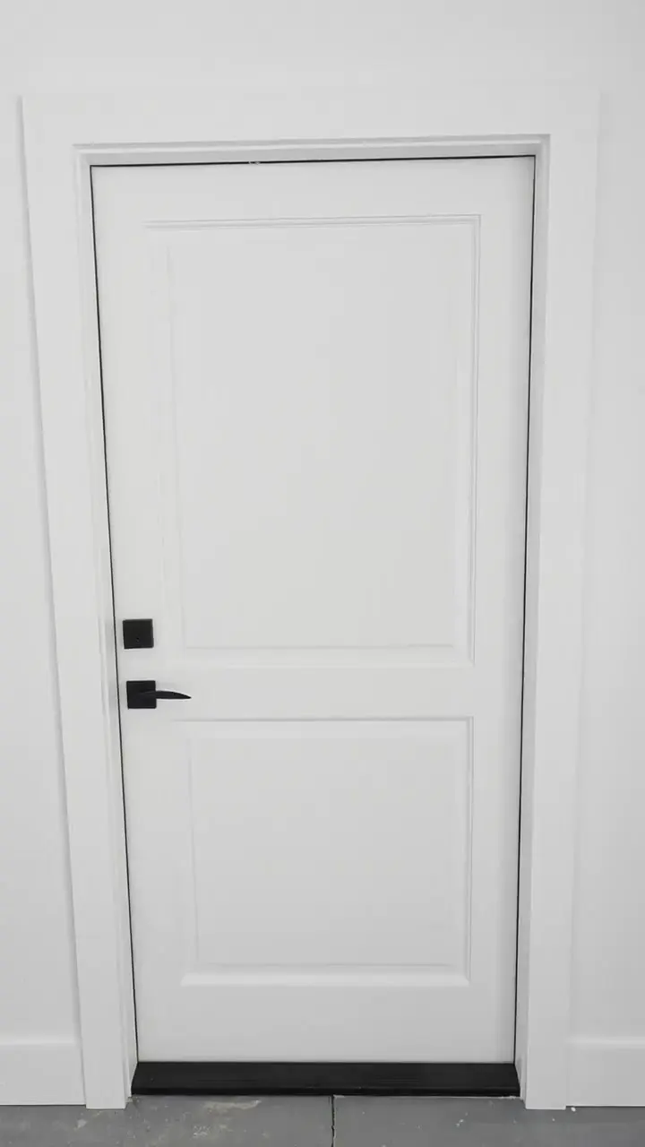 Interior doors and casing finished in white enamel, sprayed rather than brushed so no texture is left behind.